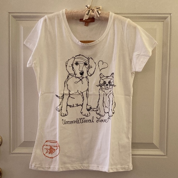 Ellen Tracy "Unconditional Love" Dog & Cat T-Shirt w/Fishbowl/White/Size M/NWT! - Picture 1 of 3